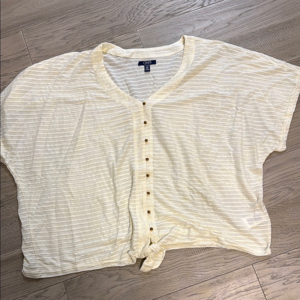 Chaps Cream Short Sleeve Button Down Crop Top